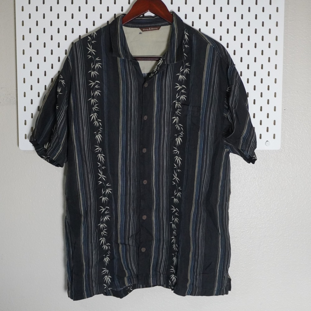 Tommy Bahama XL Silk Linen Button Down‎ Shirt Black Striped Bamboo Tropical